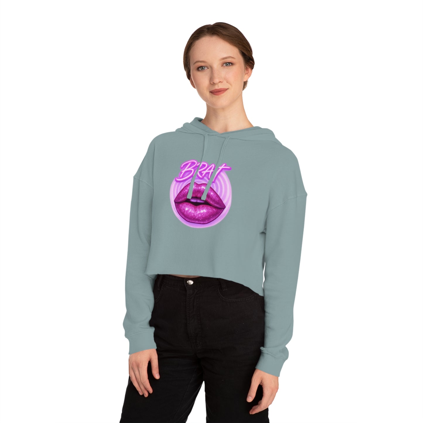 Glittery 'BRAT' Lips - Cropped Hooded Sweatshirt