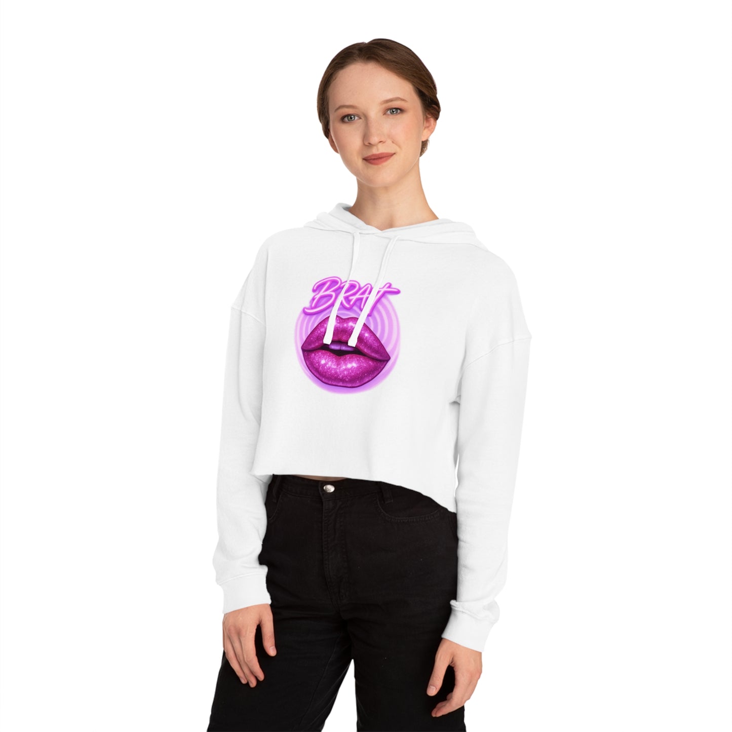 Glittery 'BRAT' Lips - Cropped Hooded Sweatshirt
