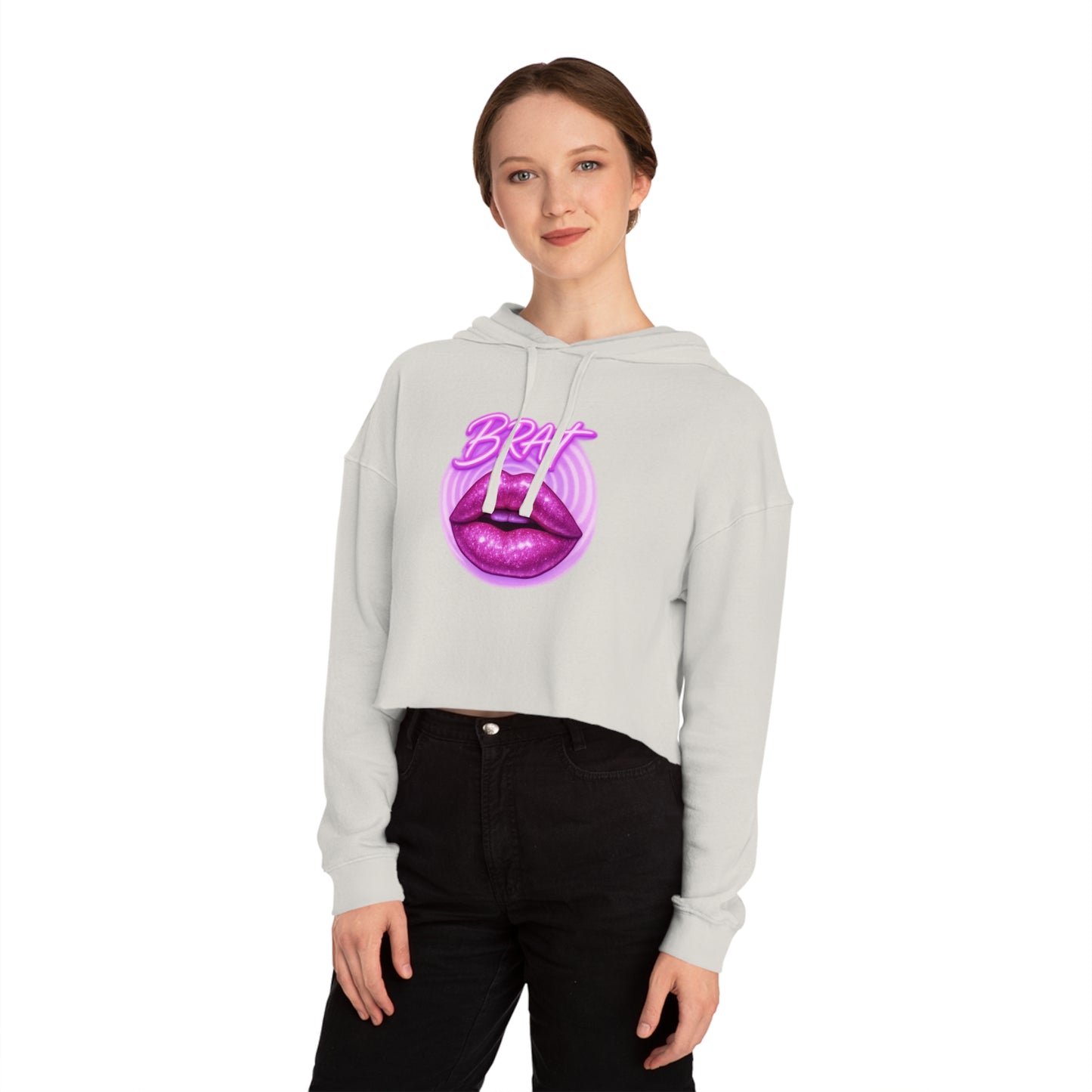 Glittery 'BRAT' Lips - Cropped Hooded Sweatshirt