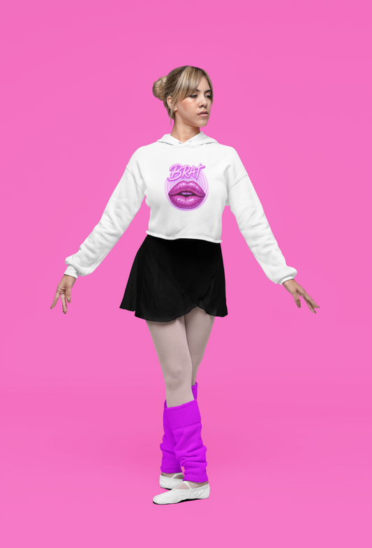 Glittery 'BRAT' Lips - Cropped Hooded Sweatshirt