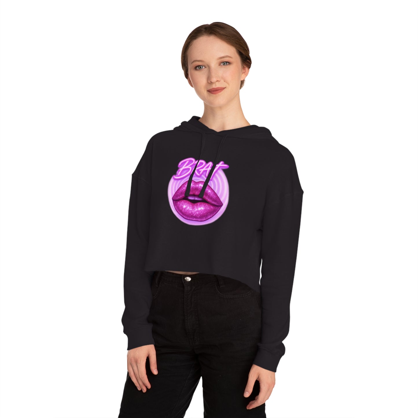 Glittery 'BRAT' Lips - Cropped Hooded Sweatshirt